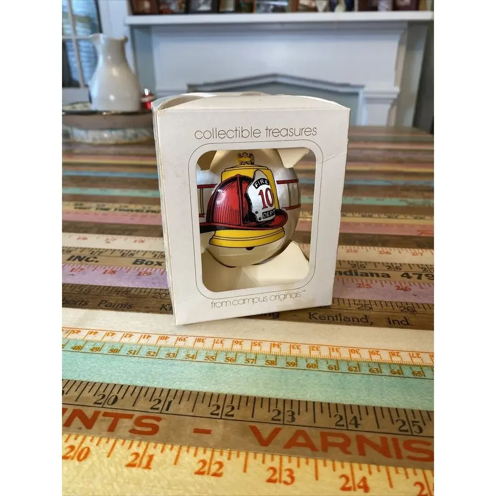 VINTAGE Satin Ball Firefighter Fire Dept 10 Christmas Ornament Fire Engine 80s